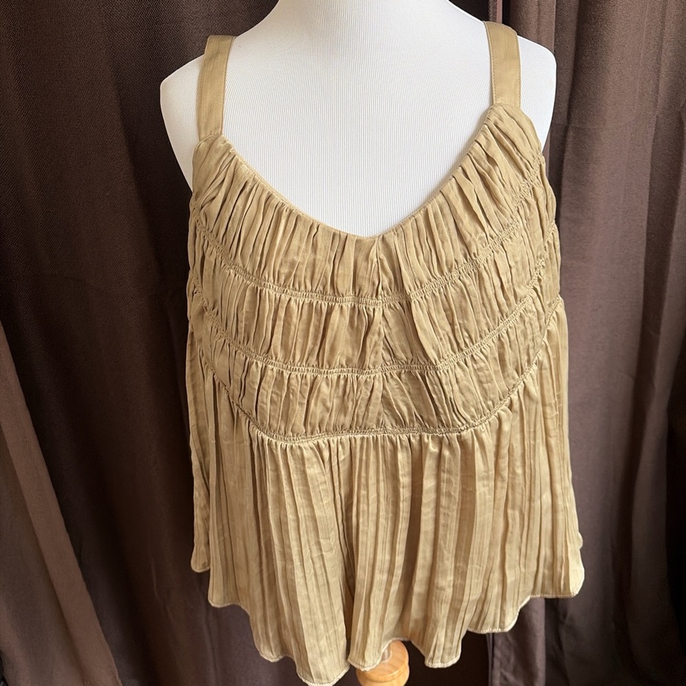DKNY Pleated Tan Babydoll Top